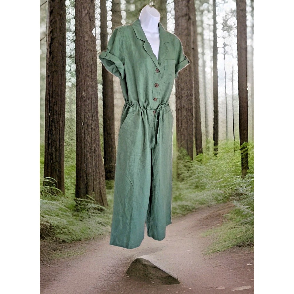 J.Jill Utility Jumpsuit M Green Short Sleeve Button Up Tie Waist Cropped NWT